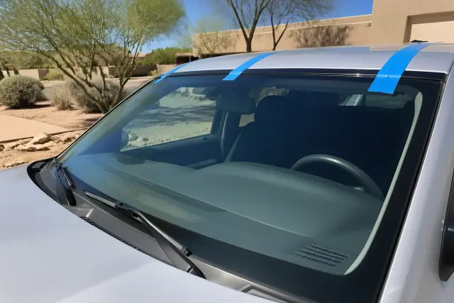 Newly installed vehicle windshield with retention tape in Phoenix, AZ.