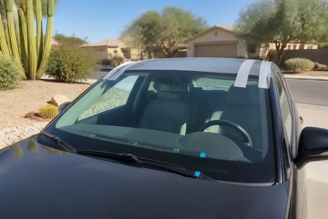 Newly installed car windshield with retention tape in a xeriscaped front yard in Goodyear, AZ.