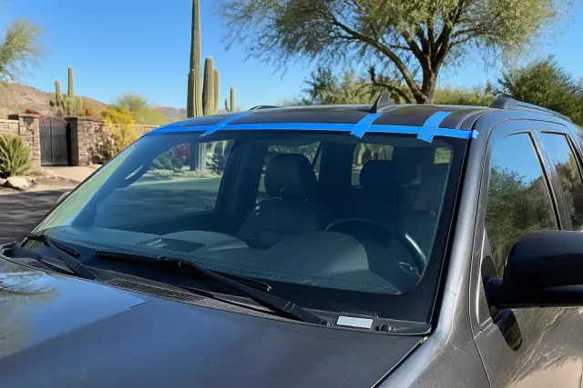 Newly installed windshield with retention tape on a vehicle in Paradise Valley, AZ, with desert landscaping in the