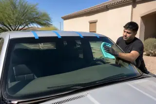 Technician wiping down a newly installed windshield with retention tape on a car in Phoenix, AZ.