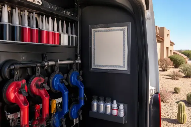 Zero-deductible policy certificate held inside a service van with glass repair tools in Phoenix, AZ.