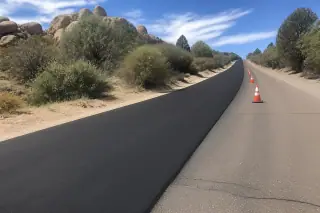 Fresh black asphalt strip connecting to older pavement near granite boulders in Prescott, AZ.