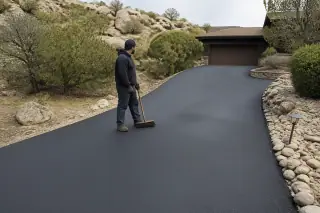 Service professional sweeping a freshly sealcoated black driveway near granite rocks in Prescott, AZ.