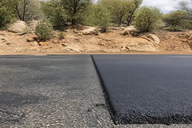 Asphalt resurface transition joint with smooth compaction on a jobsite in Prescott, AZ, surrounded by scrub oak and soil.