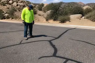 Worker inspecting sealed asphalt cracks surrounded by high-desert granite and scrub brush in Prescott, AZ.