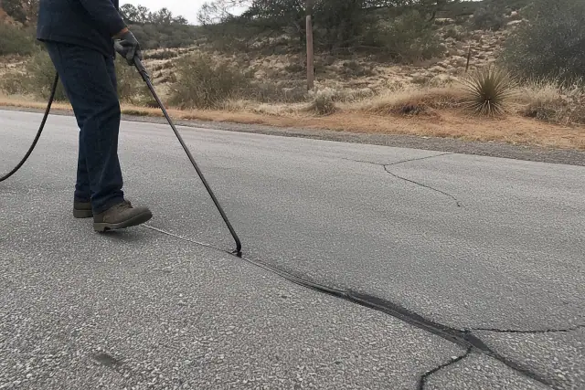 Rubberized compound filling asphalt cracks on a road in Prescott, AZ, surrounded by desert terrain.