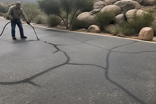 Rubberized compound filling asphalt cracks on a pavement surface in Prescott, AZ.
