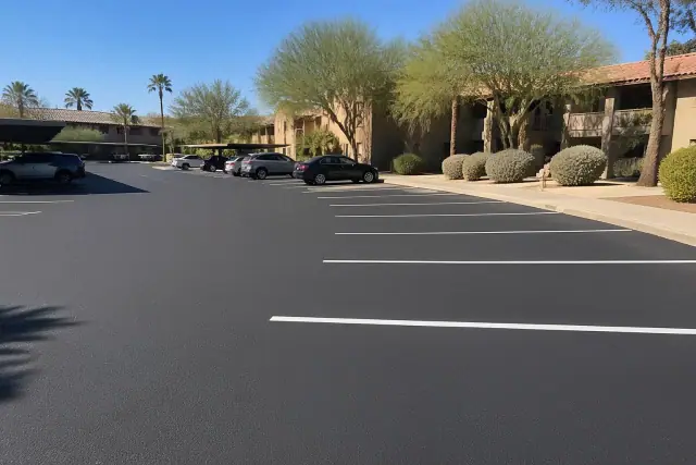 Newly paved asphalt parking lot with white lines and desert landscaping in Scottsdale, AZ.