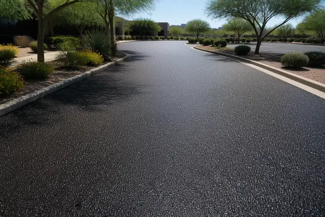 Freshly applied chip seal surface on an office drive aisle in Scottsdale, AZ, surrounded by desert landscaping.