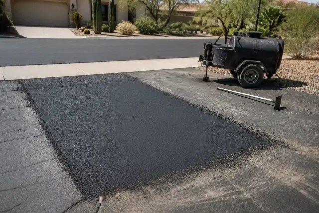 A freshly patched and sealed asphalt driveway in a residential Scottsdale, AZ neighborhood.