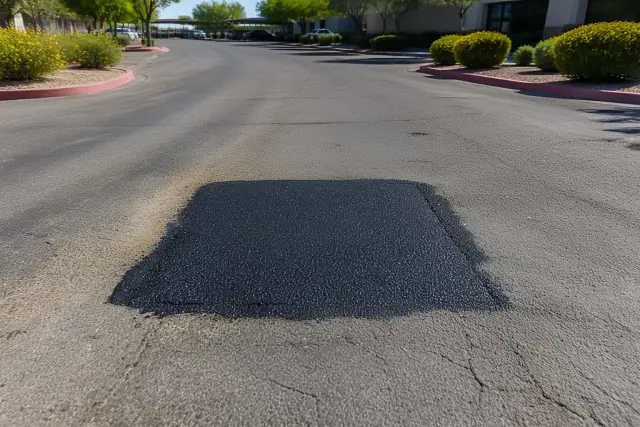 Freshly repaired asphalt pothole in a commercial driveway in Phoenix, AZ.