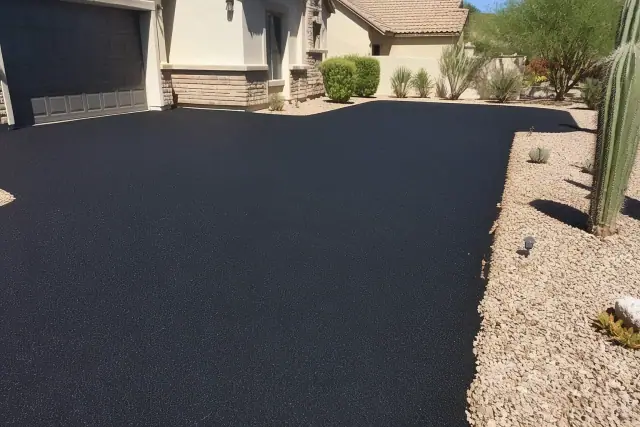 Freshly paved asphalt driveway at a residential home in Gilbert, AZ.