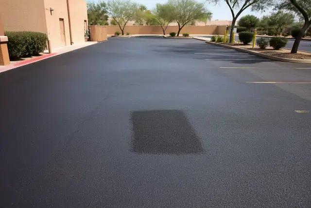 Newly sealcoated restaurant parking lot with a patched pothole in Scottsdale, AZ.