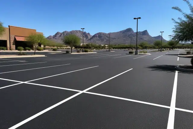 Newly paved parking lot with fresh white stripes and desert mountain views in Apache Junction, AZ.