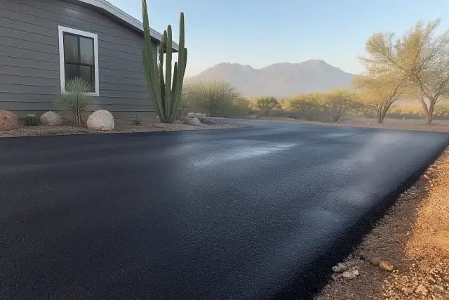Newly paved asphalt driveway with Superstition Mountains in the background in Apache Junction, AZ.