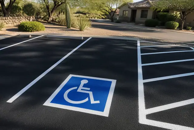 Freshly painted blue and white handicap parking symbol on an asphalt road in Scottsdale, AZ.