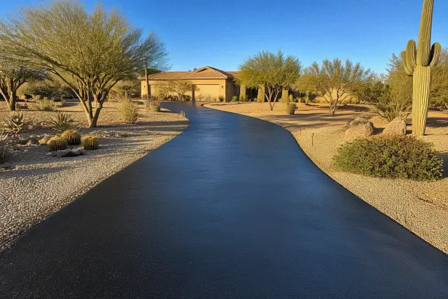 A freshly paved asphalt driveway at a desert property in Glendale, AZ.