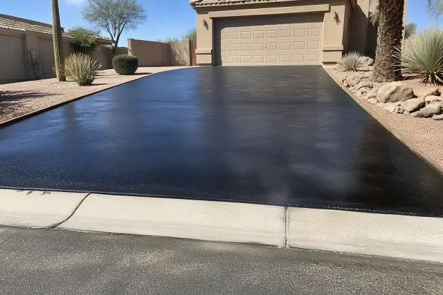 Freshly paved asphalt driveway meeting a street curb on a sunny day in a suburban Phoenix, AZ neighborhood.