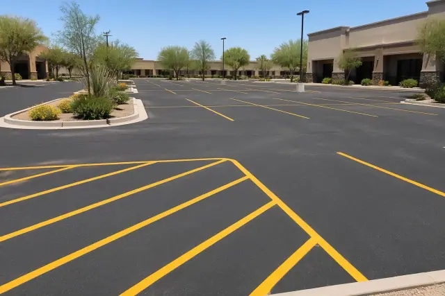 Freshly painted yellow parking stall lines on asphalt at a commercial plaza in Scottsdale, AZ.