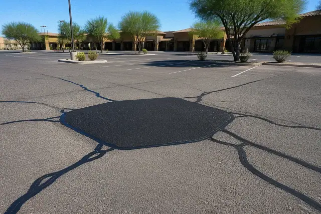 Freshly repaired pothole and sealed asphalt cracks in a Scottsdale, AZ retail parking lot.