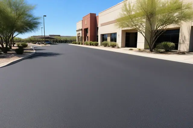 Freshly sealed asphalt cracks in a restaurant parking lot in Apache Junction, AZ.