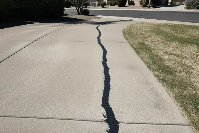 Black rubberized crack sealant applied to a concrete driveway joint on a residential street in Scottsdale, AZ.