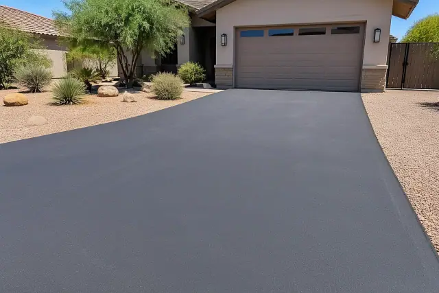 Freshly paved asphalt driveway at a residential desert home in Peoria, AZ.
