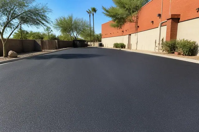 Freshly paved asphalt parking lot at a restaurant in Scottsdale, AZ.