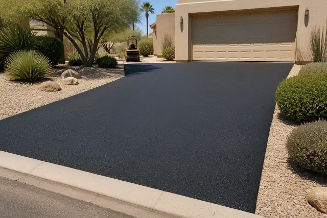 Newly paved asphalt driveway leading to a beige stucco garage in Scottsdale, AZ.