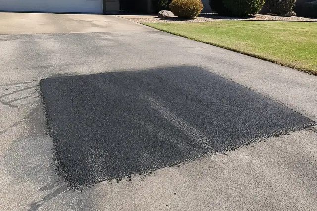Newly patched asphalt driveway repair on a sunny day in Glendale, AZ.