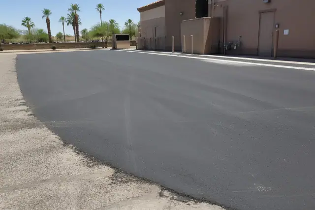 Freshly paved asphalt parking lot behind a restaurant in Phoenix, AZ.