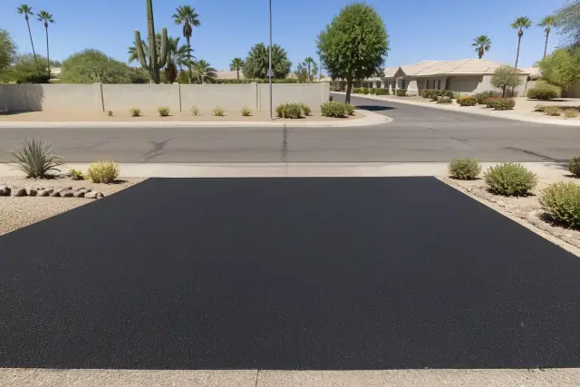 Freshly paved asphalt driveway meeting a concrete curb on a sunny neighborhood street in Scottsdale, AZ.
