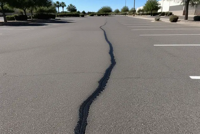 Freshly sealed asphalt crack in a commercial parking lot in Scottsdale, AZ.