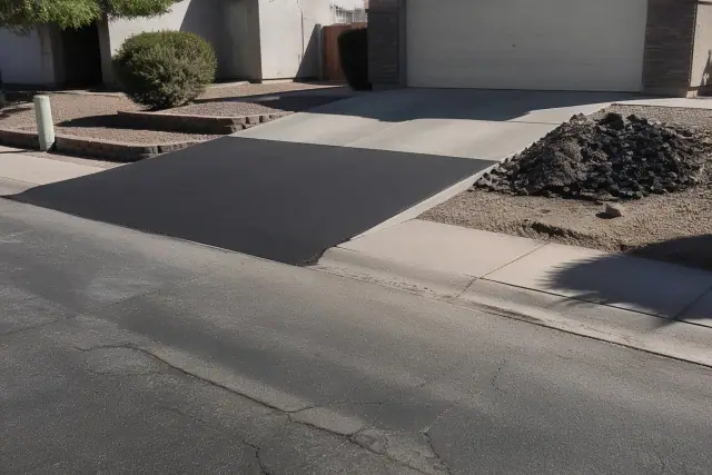 Newly paved asphalt driveway apron meeting the street curb in a sunny Glendale, AZ neighborhood.