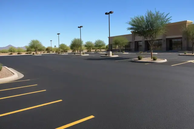 Freshly paved asphalt parking lot with yellow lines at a shopping center in Peoria, AZ.