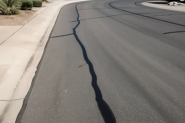 Freshly applied black rubberized crack sealant on an asphalt residential street in Scottsdale, AZ.
