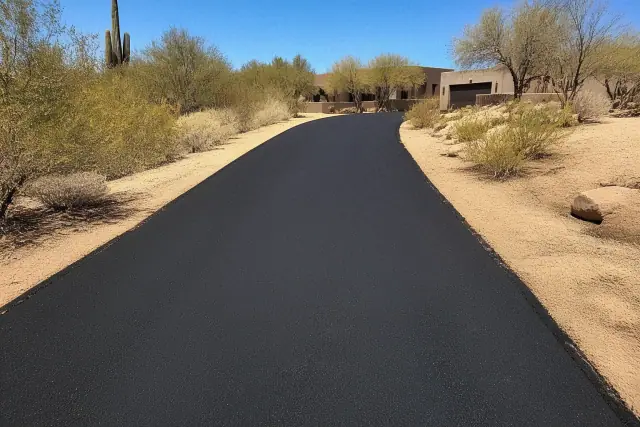A freshly paved black asphalt driveway at a desert property in Scottsdale, AZ.