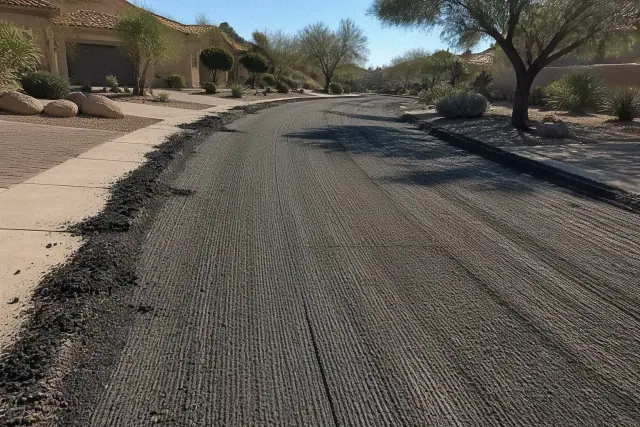 Milled asphalt road surface with desert landscaping in a residential neighborhood in Scottsdale, AZ.