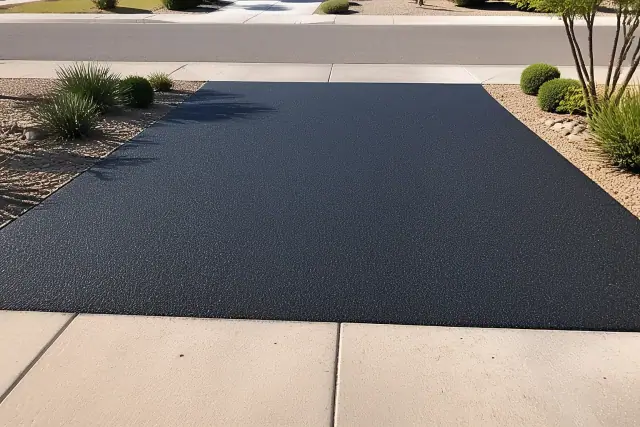 Freshly paved asphalt driveway at a residential home in Gilbert, AZ, under bright afternoon sunlight.