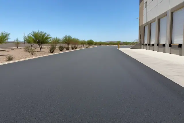 Freshly paved asphalt loading drive at a warehouse in Queen Creek, AZ with an adjacent concrete dock.