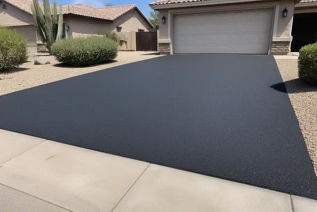 Freshly paved asphalt driveway at a residential home in Mesa, AZ.