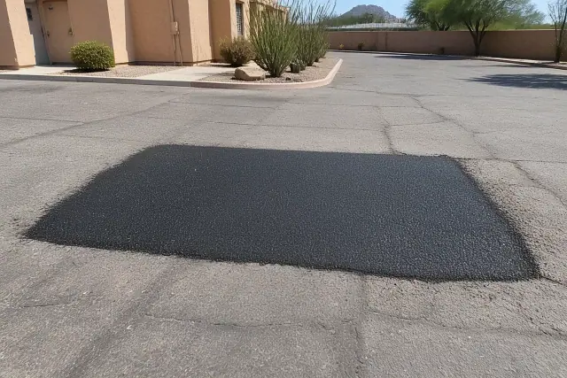 Freshly patched asphalt repair in a parking lot in Scottsdale, AZ.