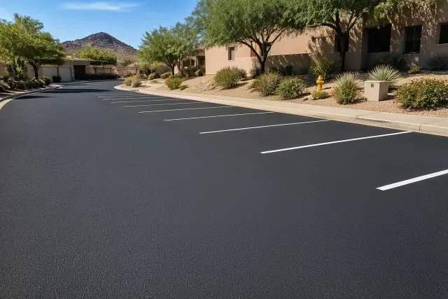 Newly paved asphalt road with fresh white parking lines in an Ahwatukee, AZ neighborhood.