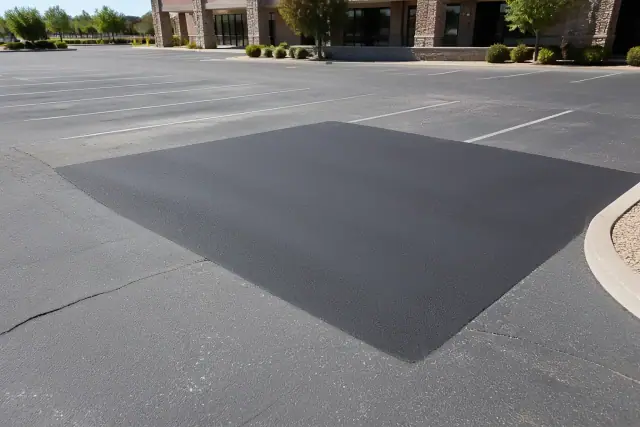 Freshly paved asphalt patch in a sunny retail center parking lot in Gilbert, AZ.