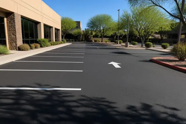 Freshly painted white parking stall lines and a directional arrow on asphalt at an office building in Scottsdale, AZ.