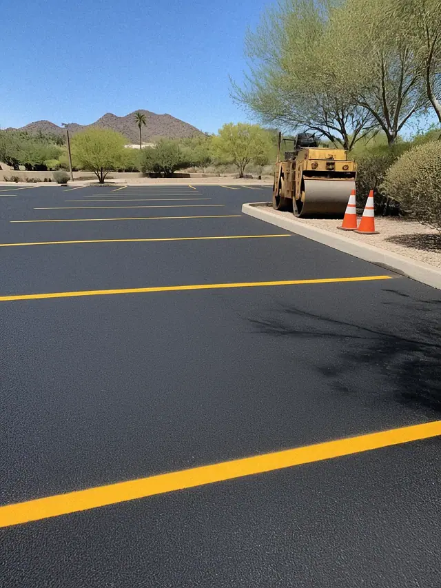 Freshly paved asphalt parking lot with bright yellow stripes in Scottsdale, AZ.