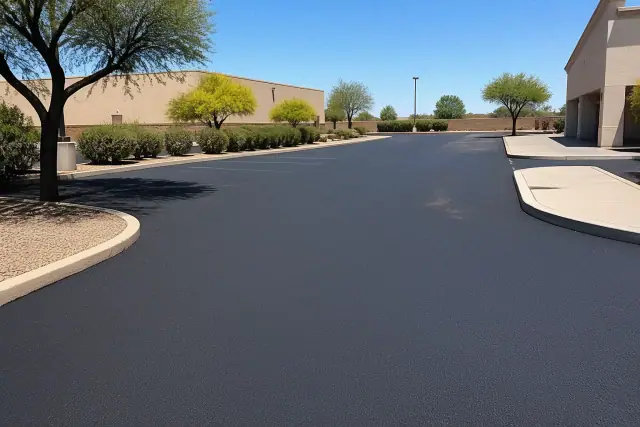 Freshly paved asphalt and crack sealing at a warehouse loading dock in Phoenix, AZ.