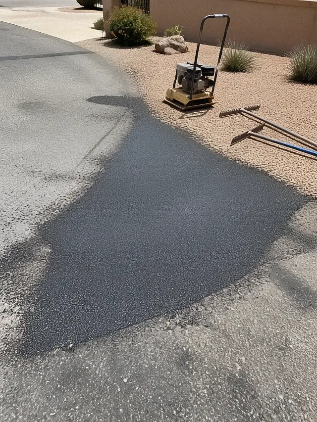 Newly patched asphalt driveway repair with construction tools in Scottsdale, AZ.