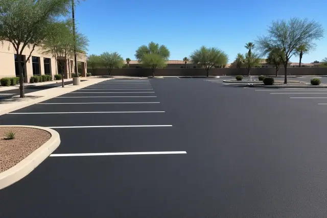 Freshly sealcoated commercial parking lot with crisp white parking stripes in Gilbert, AZ.
