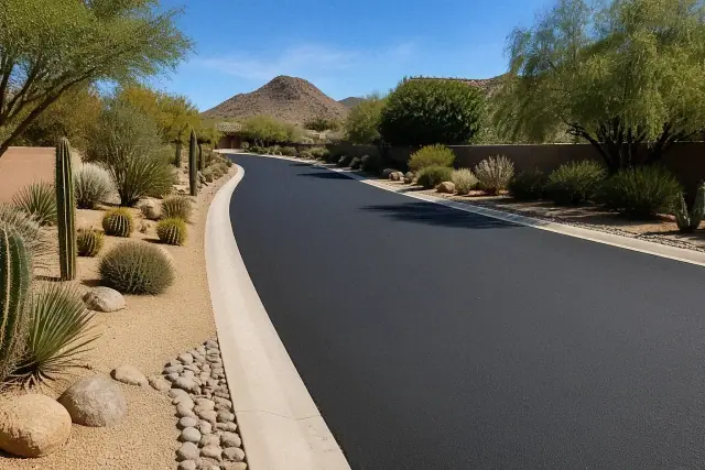Newly paved black asphalt road in a residential neighborhood in Scottsdale, AZ.